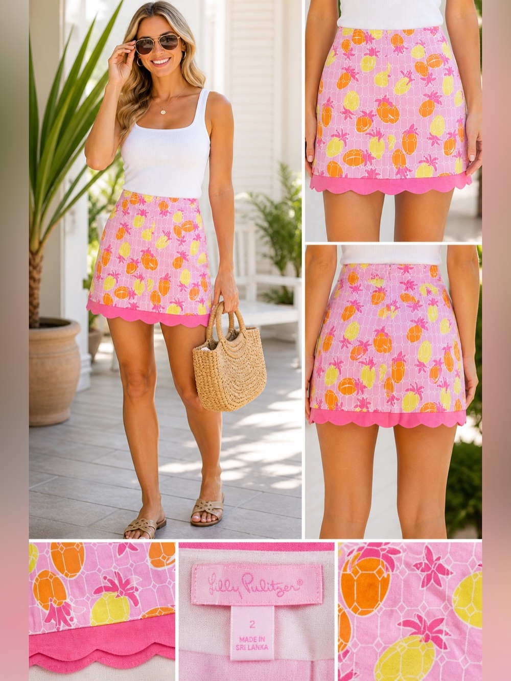 Lilly Pulitzer Pineapple Scalloped Hem Mini Skirt/ Pink Yellow Resort Preppy